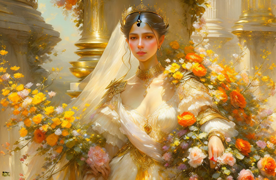 Portrait of a bride in gold and white dress with vibrant flowers, by ornate columns.