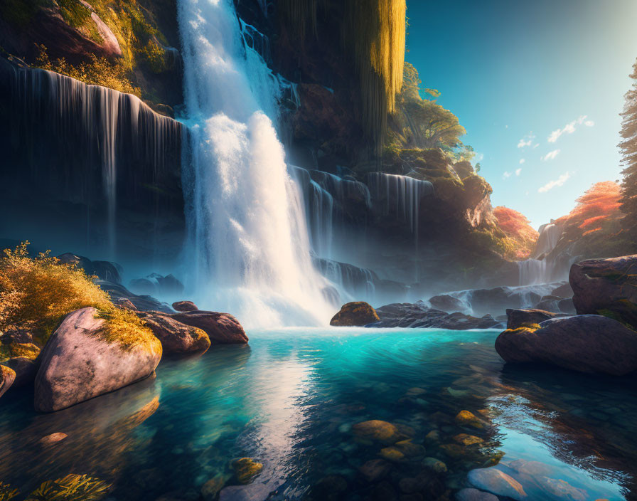 Tranquil waterfall flowing into blue pool amid lush scenery