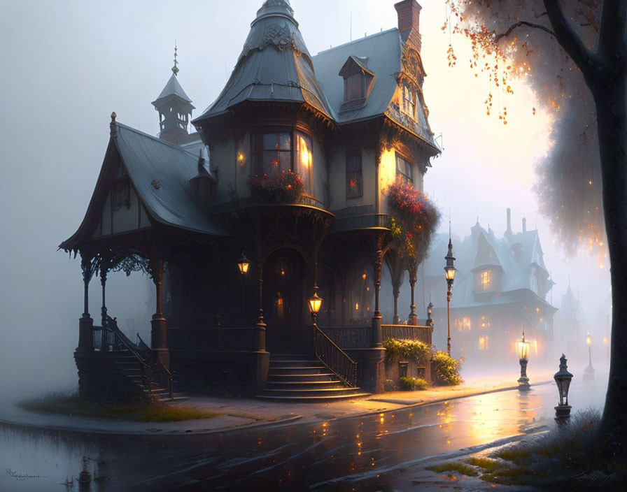 Victorian-style house in fog with warm lights and vintage street lamps