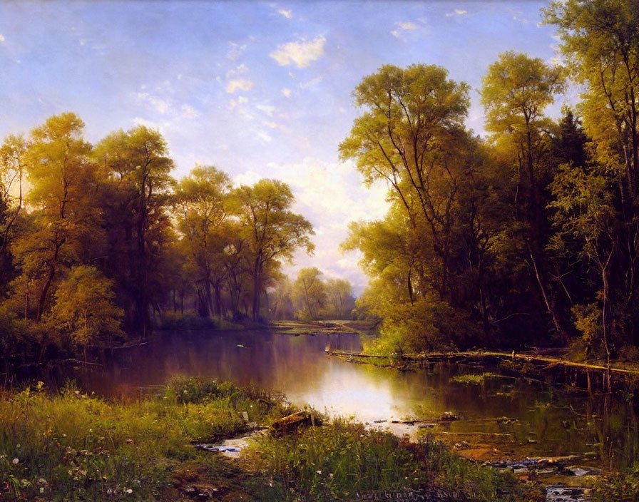 Tranquil river meandering through lush forest with golden sunlight