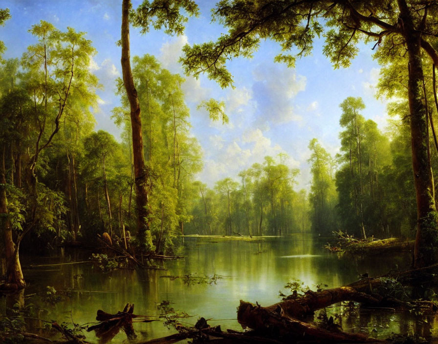 Lush Green Forest with Serene Water and Vibrant Sky