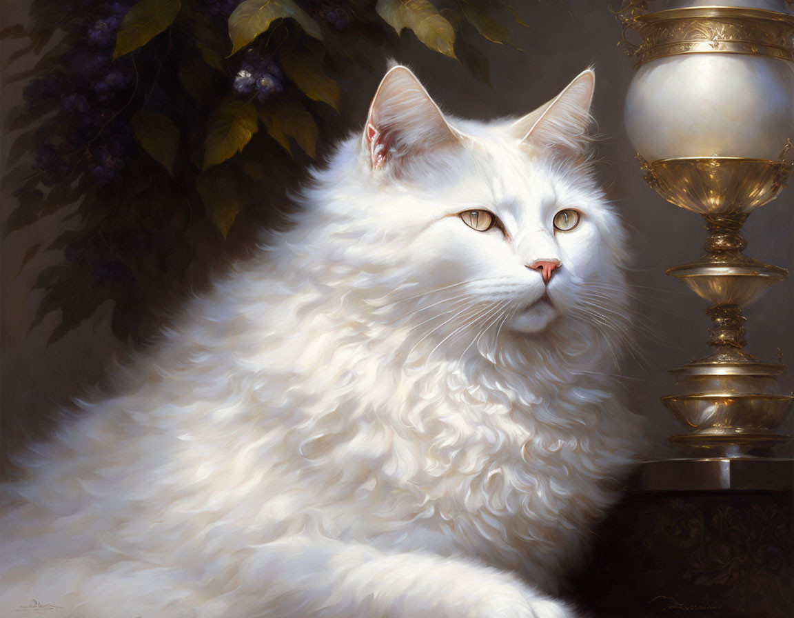White Long-Haired Cat with Golden Lamp and Grapes