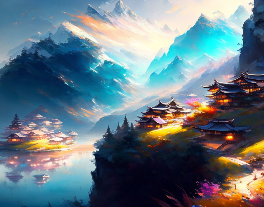 Colorful Asian-style village nestled among mountains at dawn or dusk