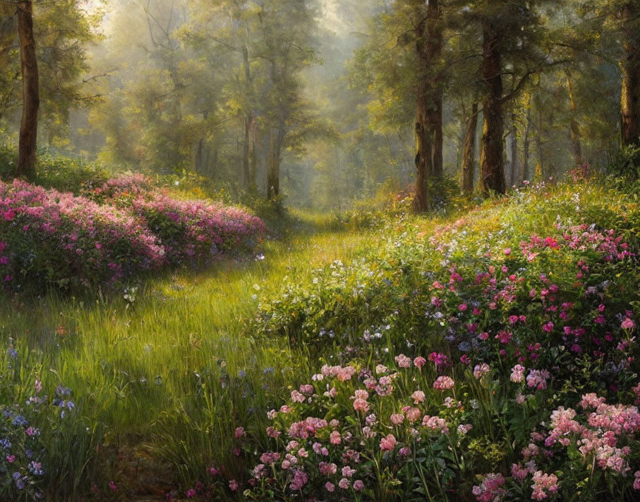 Sunlit Forest Glade with Wildflowers and Greenery