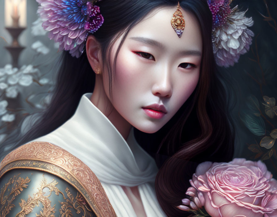 Traditional Asian woman illustration with floral ornaments and golden shoulder armor on soft floral backdrop.