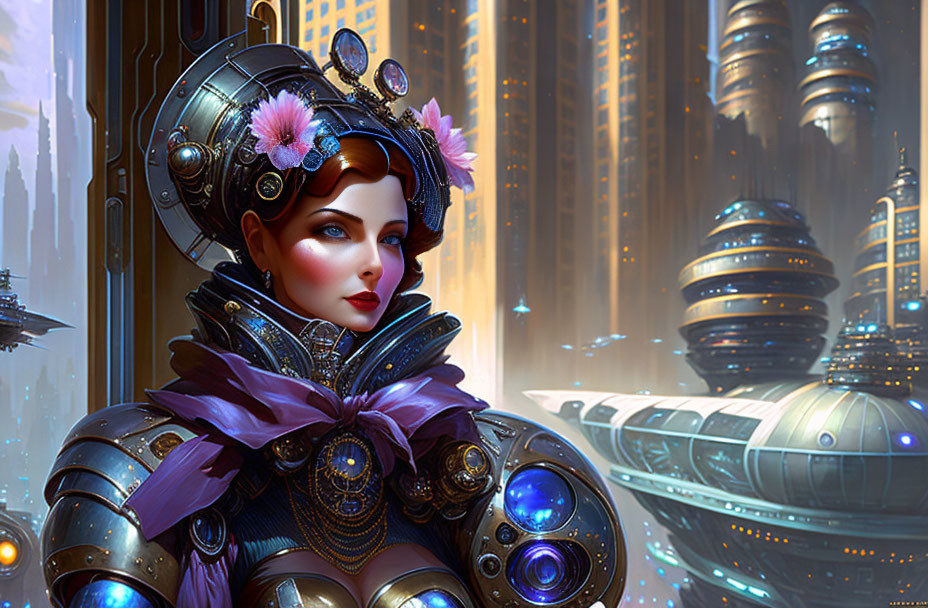 Futuristic female figure with floral attire in advanced cityscape