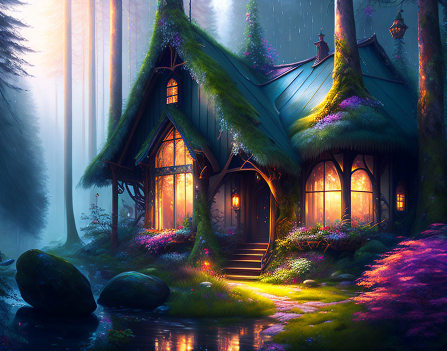 Enchanting cottage in magical forest with glowing windows