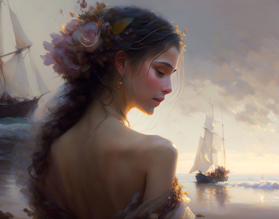 Woman with floral crown gazing at sunset and sailboats