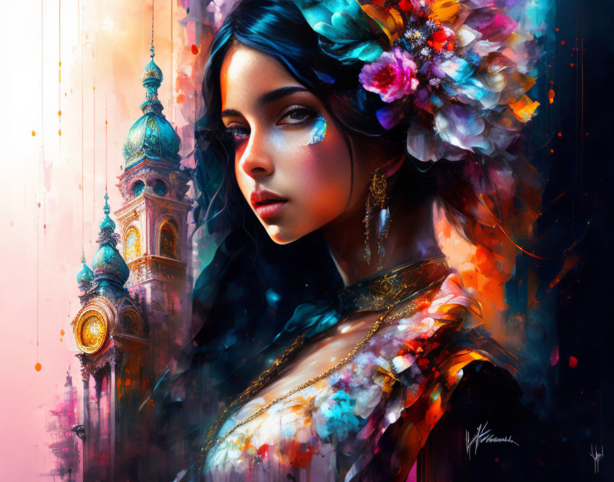 Colorful digital painting of a woman with blue eyes and floral headpiece amidst fantastical architecture.