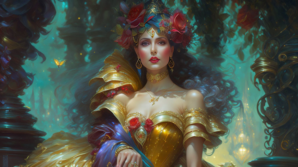 Regal woman in golden gown with crown, mystical forest setting