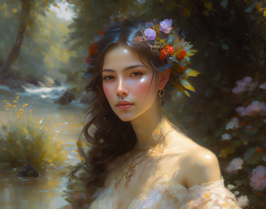 Woman in floral crown amid serene forest stream scenery