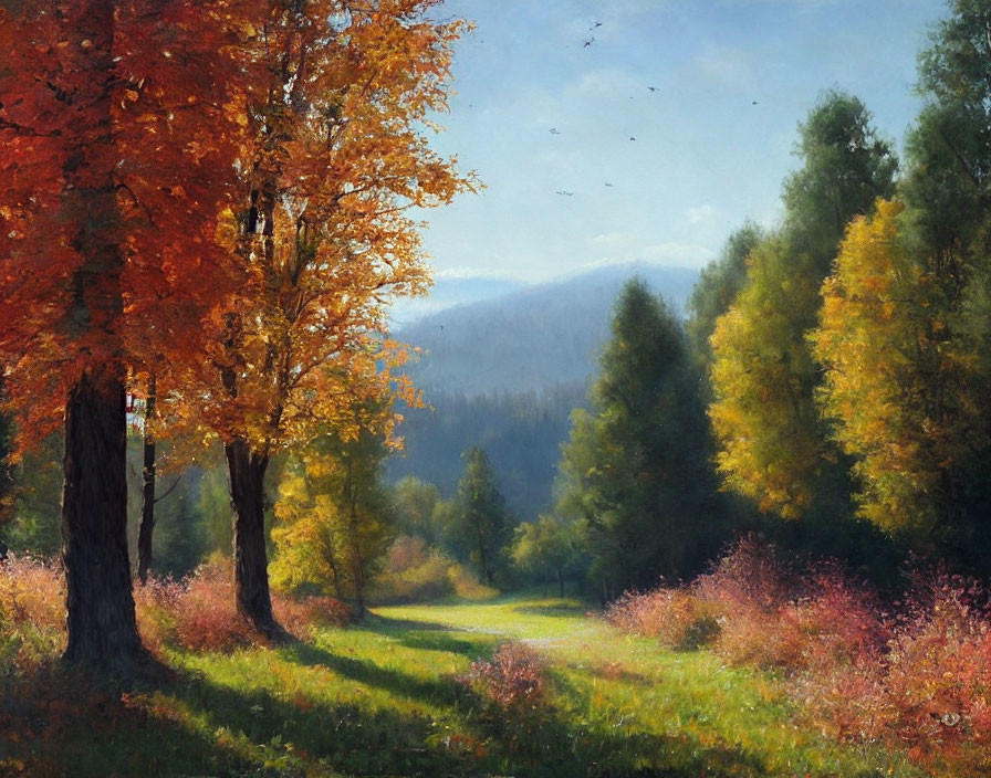 Vibrant autumn trees along winding path with hazy mountains under blue sky