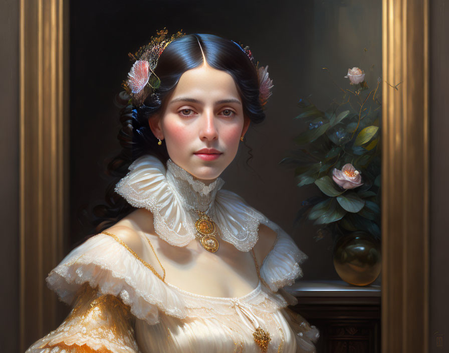 Portrait of woman with dark hair, floral accessories, white ruffled dress, and gold pendant on canvas