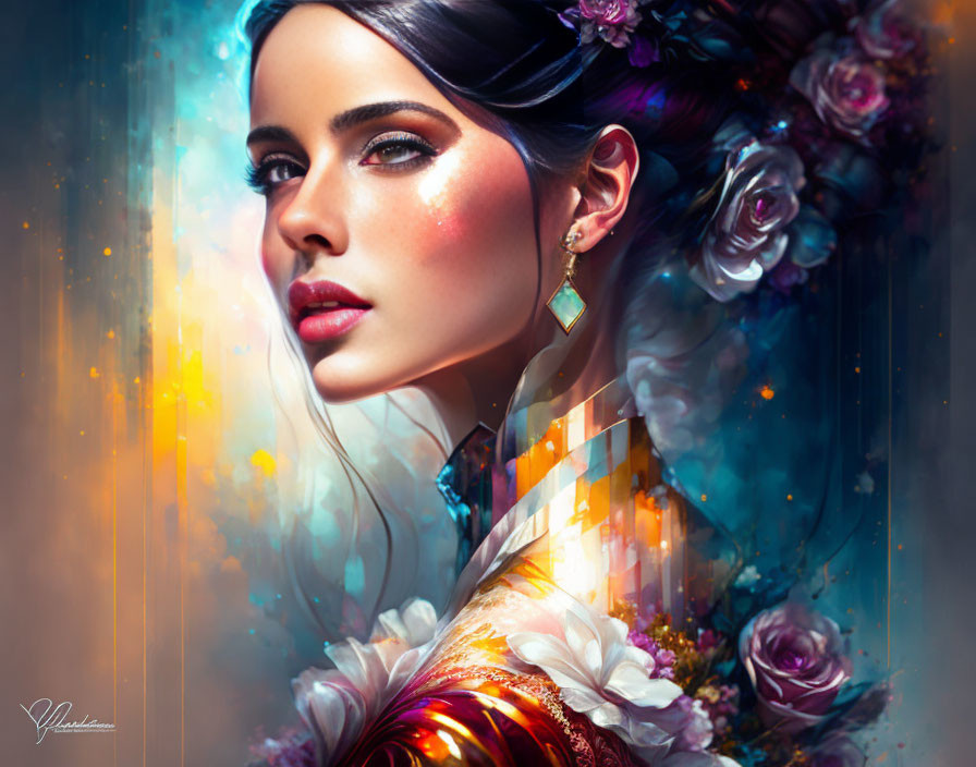 Vivid artwork featuring woman with dark hair and colorful, abstract elements