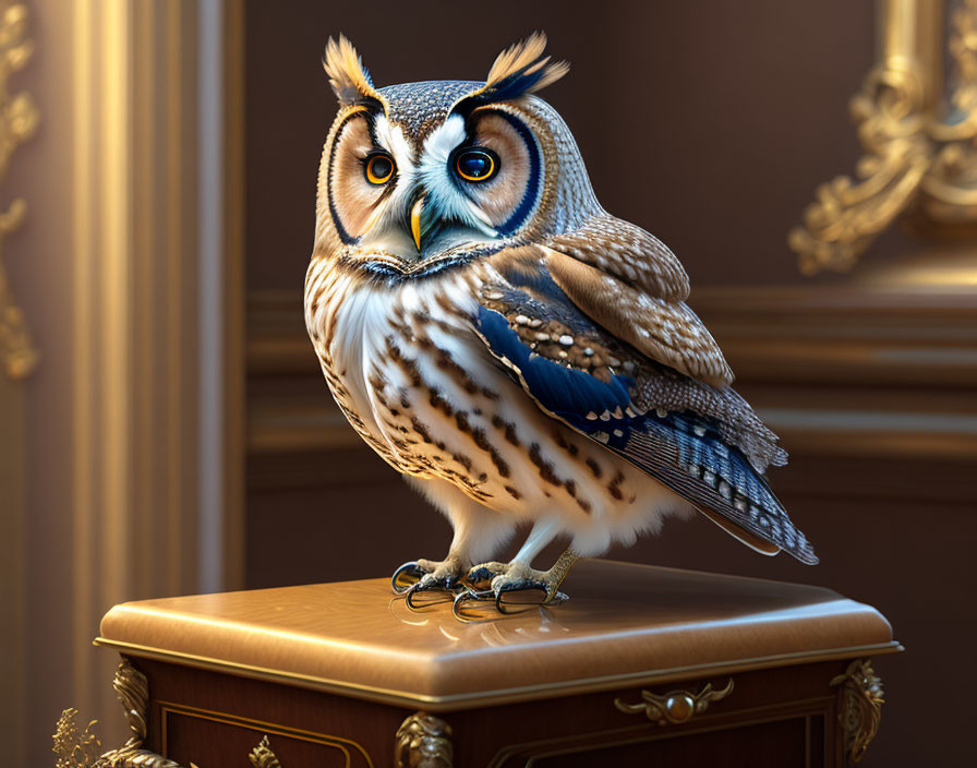 Blue feathered owl with expressive eyes on polished wooden surface in elegant room