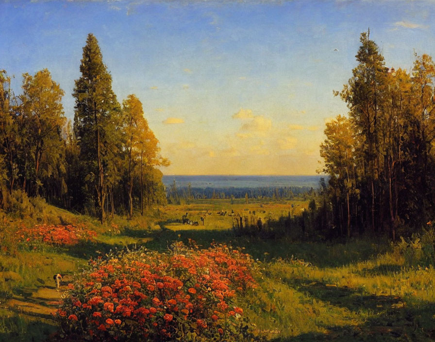 Tranquil landscape with lush meadow, red flowers, towering trees, and clear blue sky