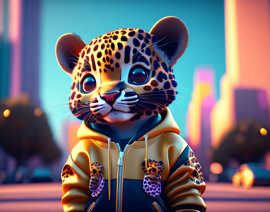 Leopard character in yellow hoodie against neon-lit urban backdrop