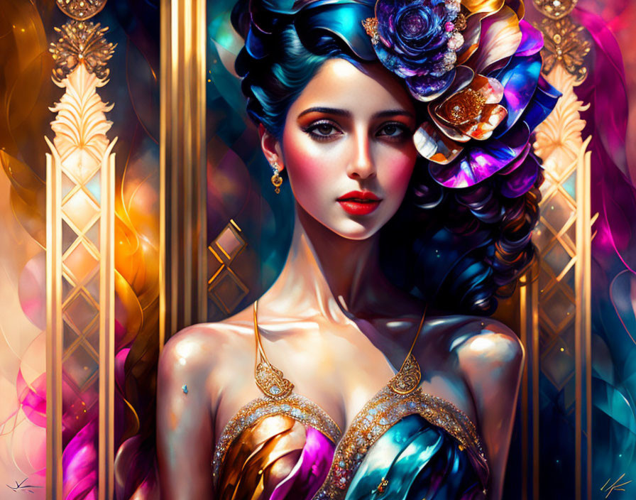 Vibrant illustration: Woman with blue hair, floral adornments, ornate jewelry, vibrant colorful