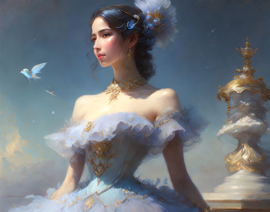 Luxurious blue and white dress with gold accents and feather, accompanied by a flying bird