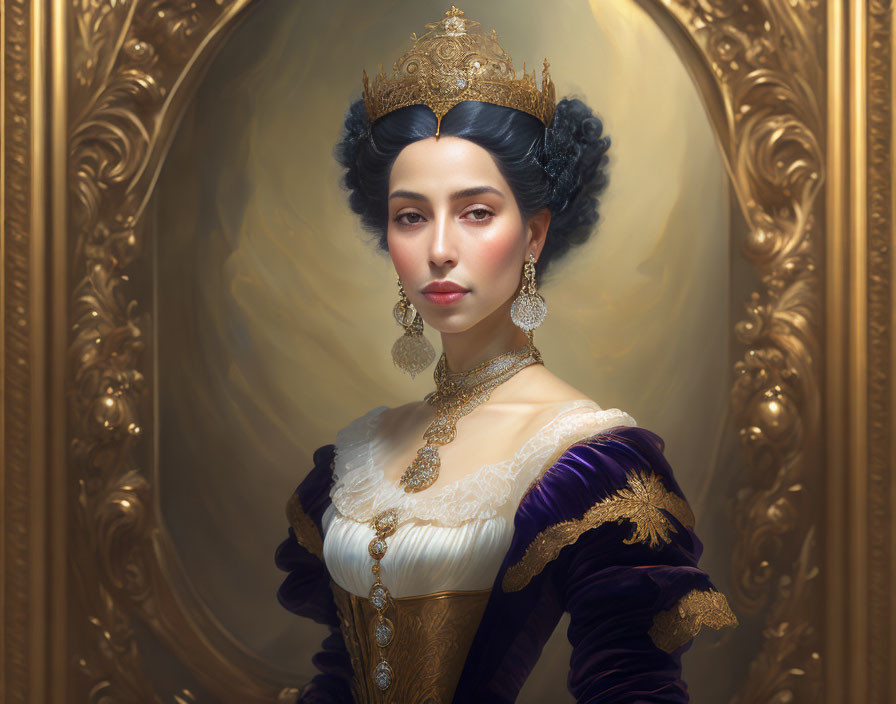 Regal woman in gold-trimmed purple gown and crown on golden background