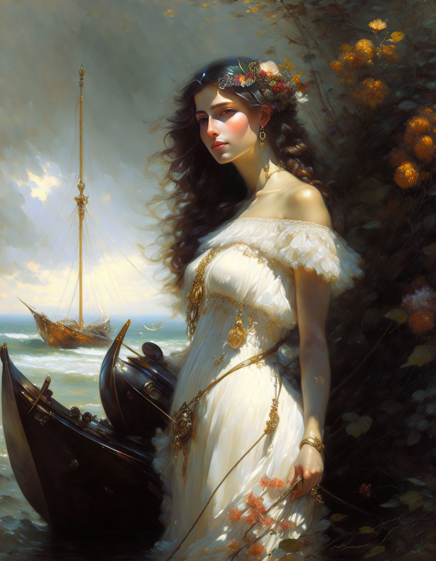 Ethereal woman in white dress by the sea with sailboat