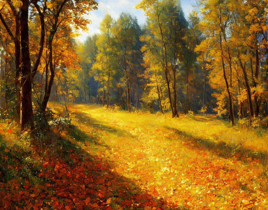 Tranquil autumn forest with golden leaves and sunlight glow