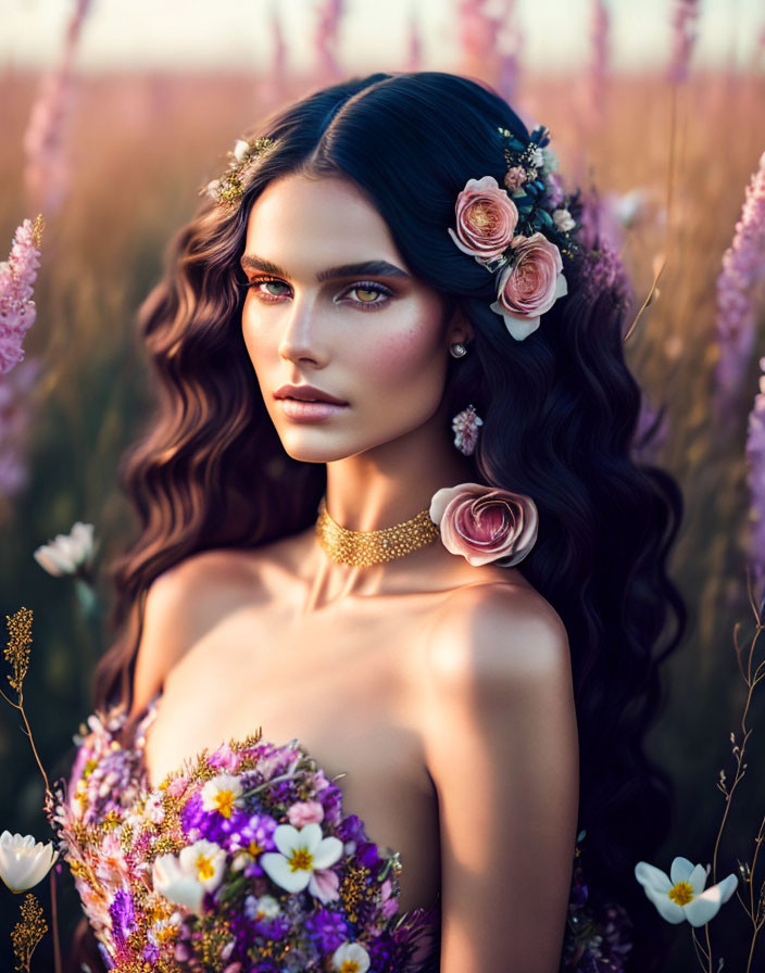 Woman adorned with flowers in field of purple wildflowers under golden sunlight