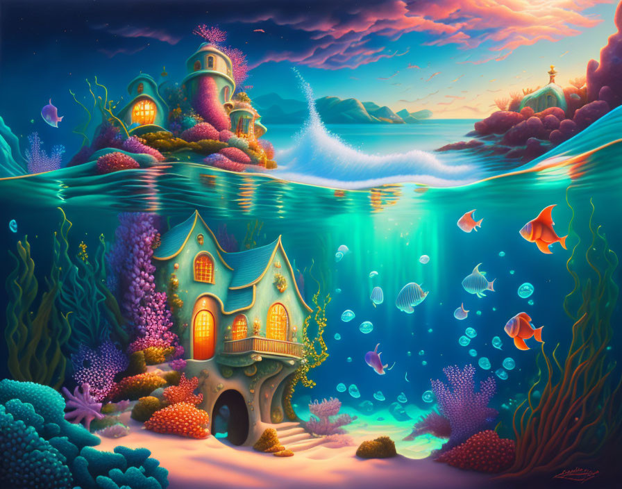 Colorful Fish and Whimsical Houses in Vibrant Underwater Scene