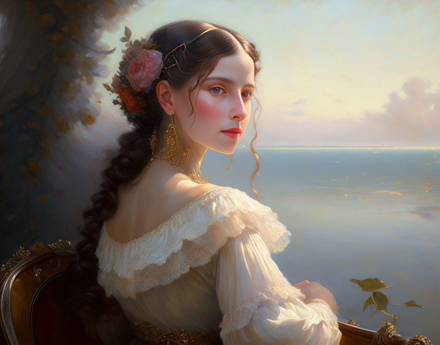 Woman in white period dress with dark hair by the sea at sunset