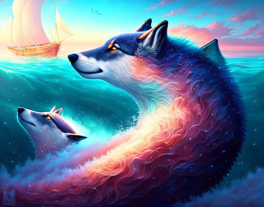 Ethereal foxes with ocean waves and sunset sky artwork