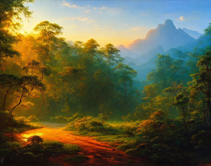 Tranquil Sunrise Forest Scene with Warm Light Filtering Through Trees