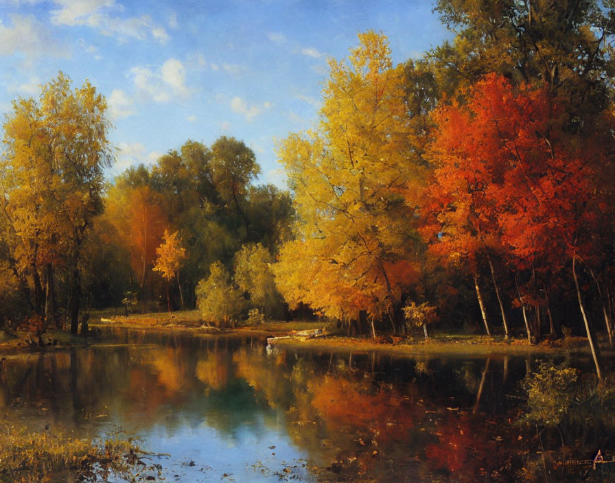 Vibrant autumn trees reflecting in calm pond