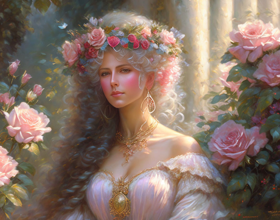 Woman with floral crown and elegant jewelry in dreamy rose backdrop