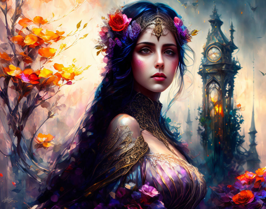 Fantasy portrait: Woman with floral headdress, gold tattoos, clock tower backdrop