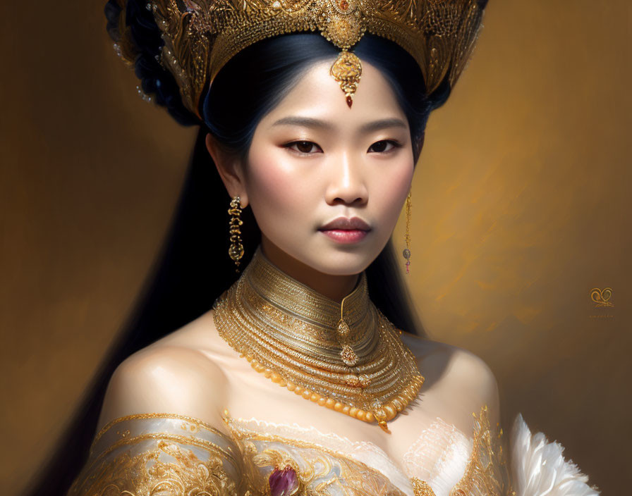 Intricate Golden Regalia on Woman with Traditional Headdress