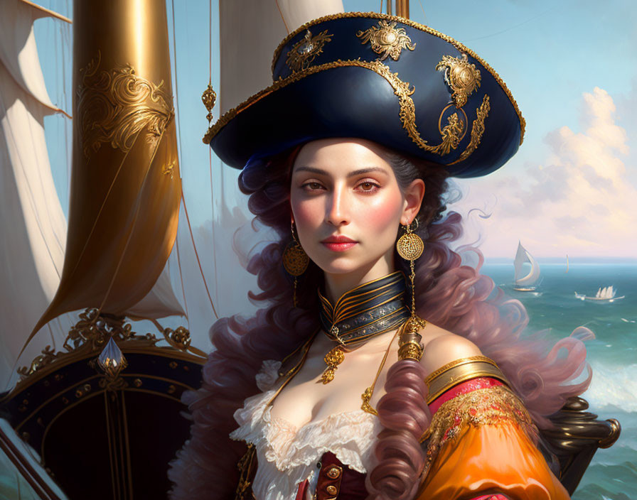 Female Pirate Captain Illustration on Ship Deck with Sailing Vessels