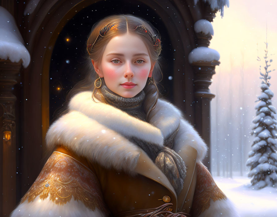 Woman in fur-trimmed cloak standing in wintry landscape with falling snowflakes