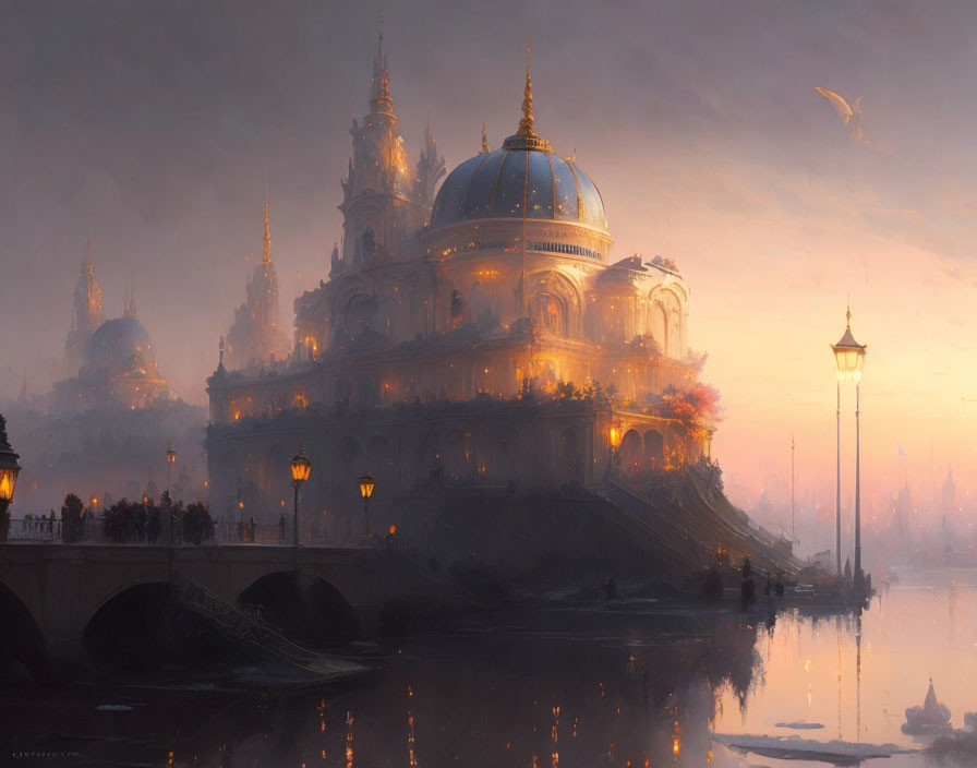 Fantastical cityscape at dusk with domed buildings, bridge, and birds in warm sky