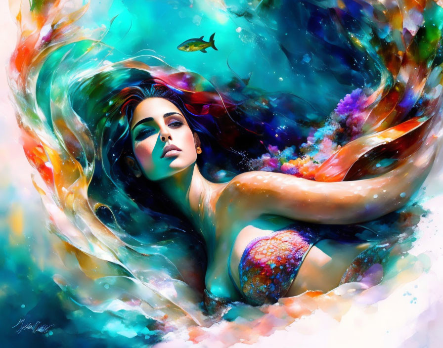 Vibrant mermaid illustration with flowing hair in underwater scene