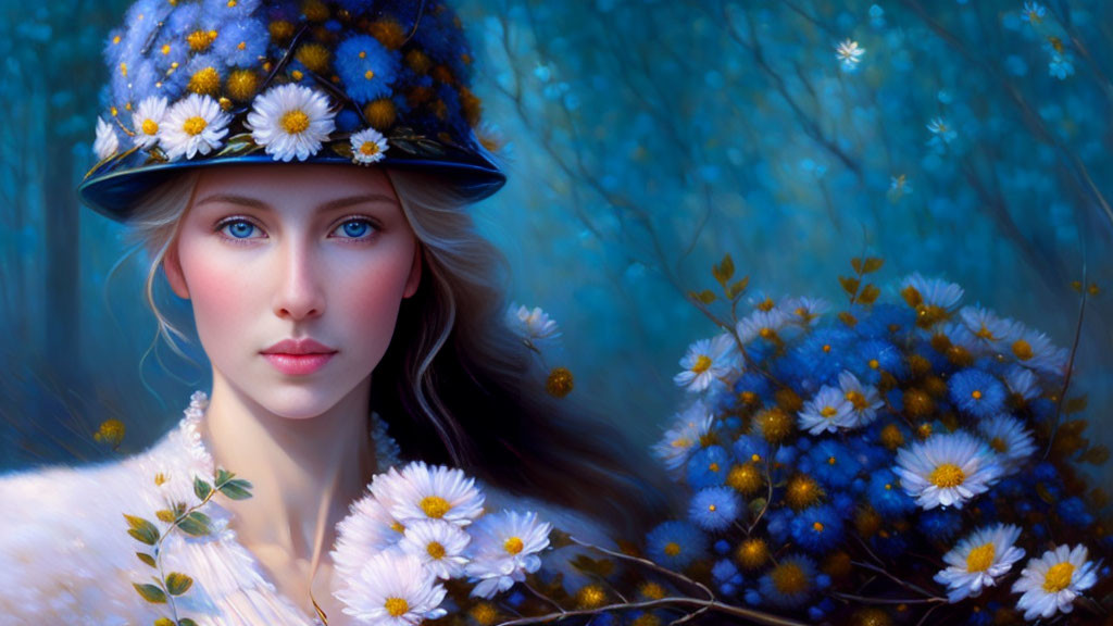 Digital artwork: Woman with fair skin in floral hat and white garment, blue eyes, set against forest