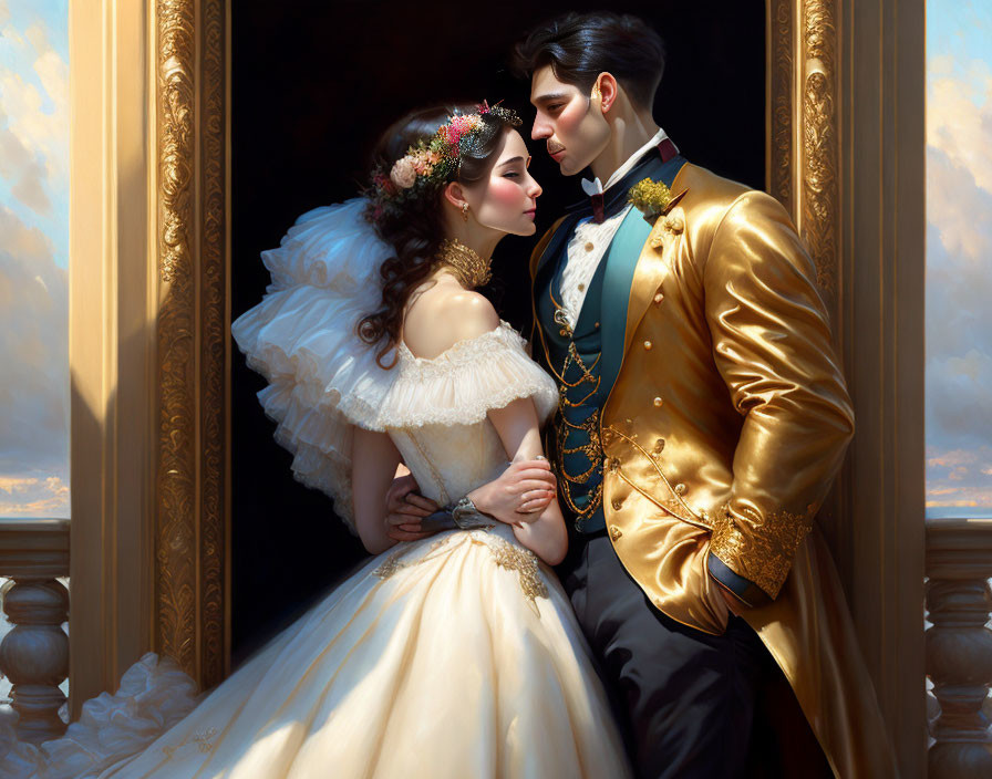 Illustrated couple in gold jacket and white dress embracing by window