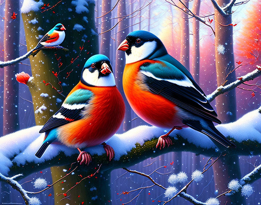 Vibrant birds on snow-covered branch in purple winter forest