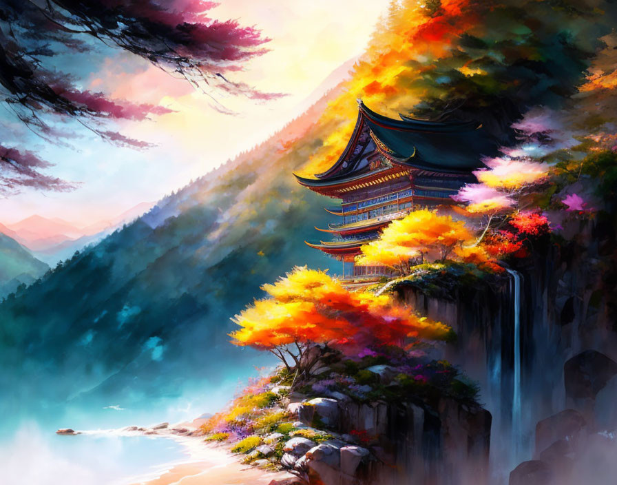 Asian-style pagoda on cliff with waterfall, autumn foliage, sunset sky