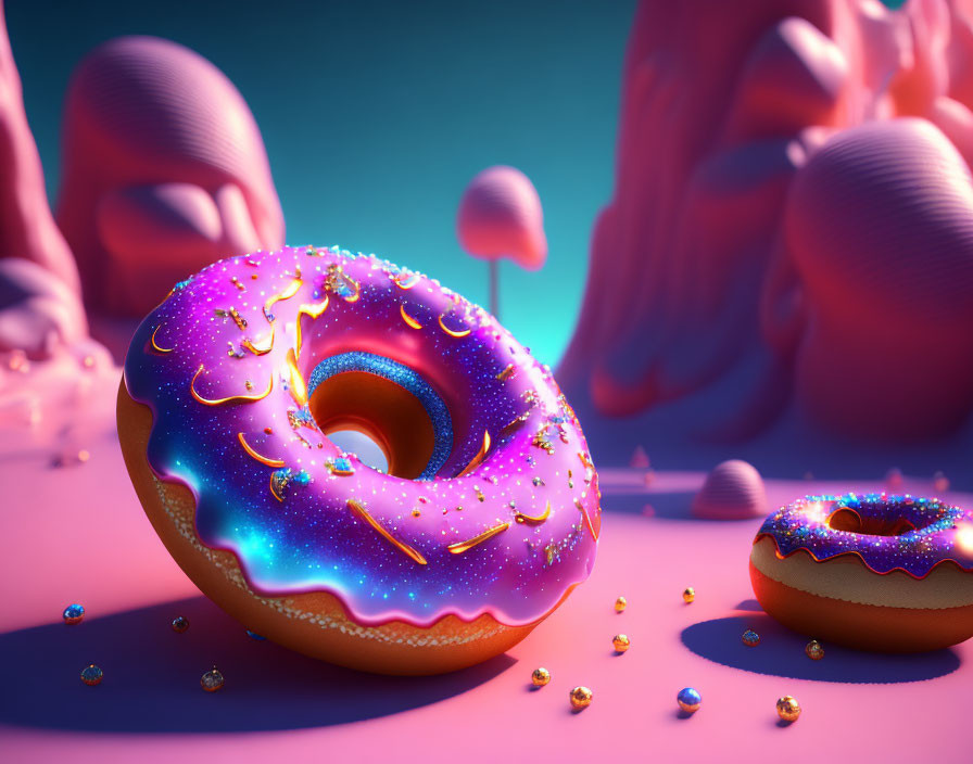 Colorful Galaxy Glazed Doughnut on Pink and Blue Background