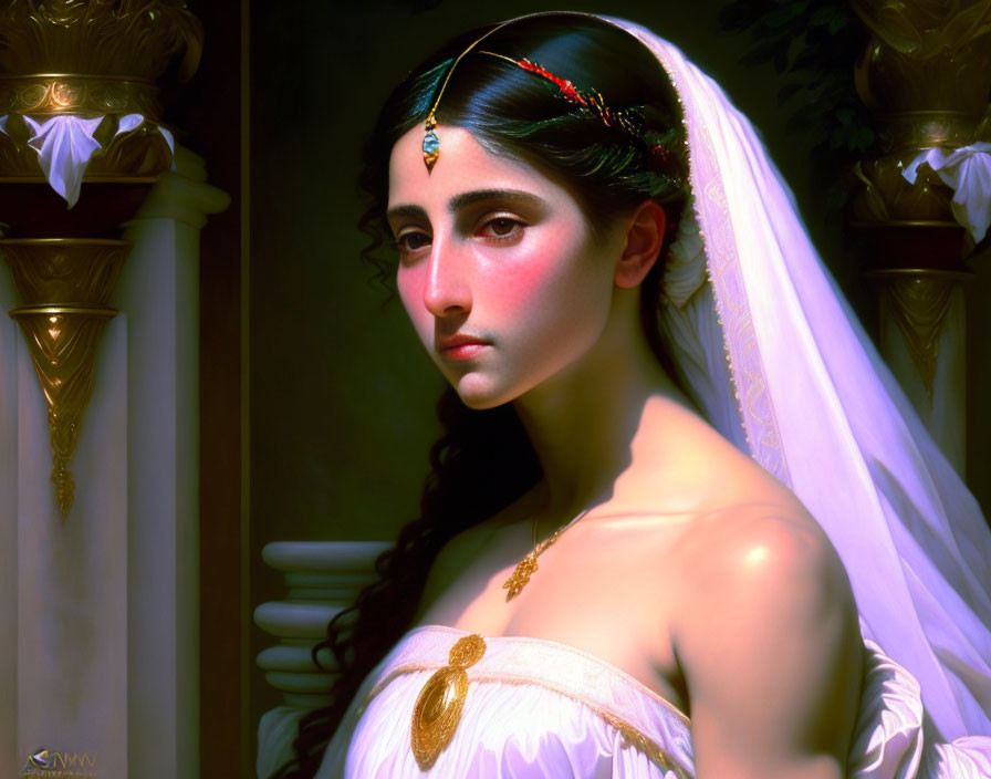 Digital painting of woman in white draped garment with gold accents near white columns