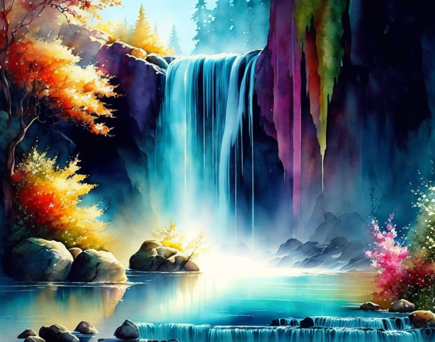 Scenic waterfall painting with colorful foliage and rocks