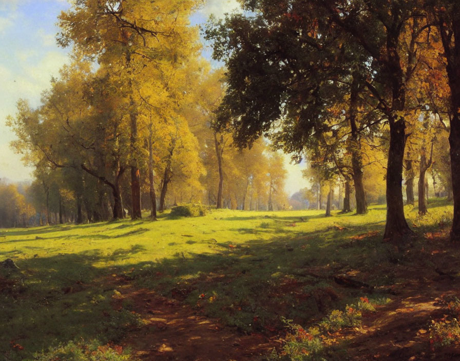 Tranquil autumn landscape with golden trees and meandering path