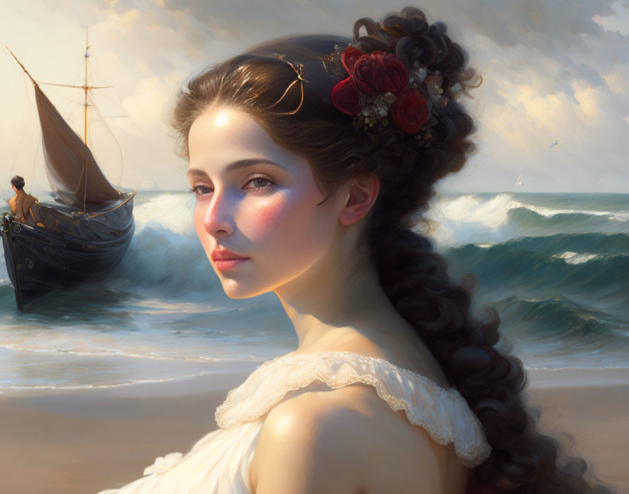 Woman with flowers in hair by the sea, boat and waves in background - romantic, serene painting