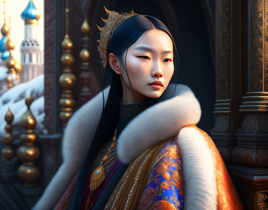 Asian woman in fur-trimmed cloak and golden crown against ornate background