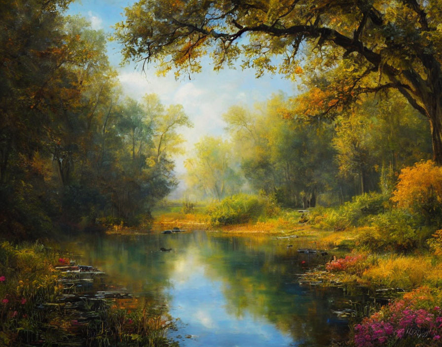 Tranquil river landscape with autumn trees and blooming flowers